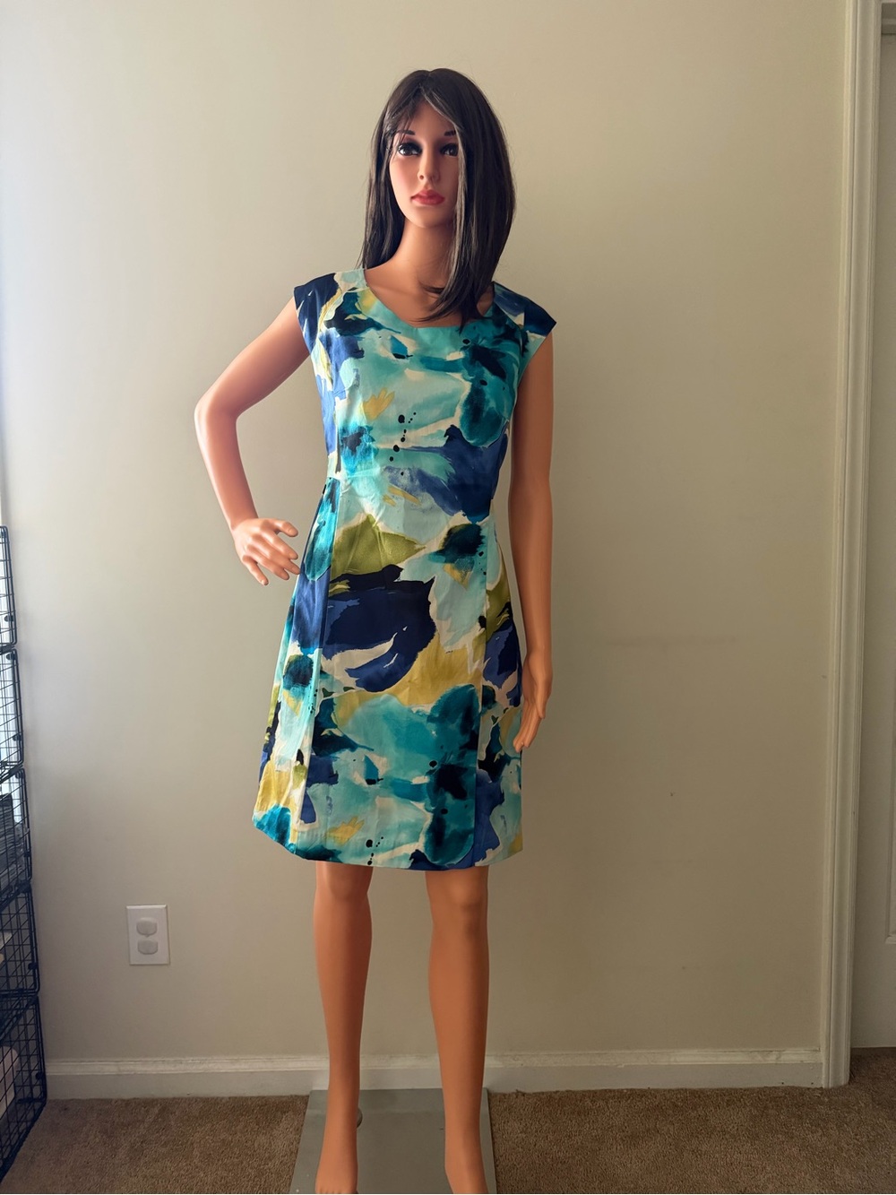 Apt. 9 women’s 10 Teal Blue sleeveless Floral Cap-Sleeve Shift Dress